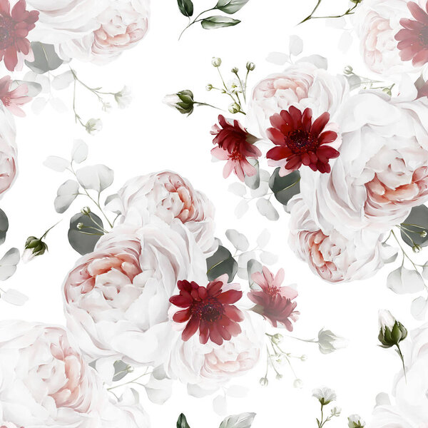 Seamless floral pattern with bouquets of flowers in a watercolor style