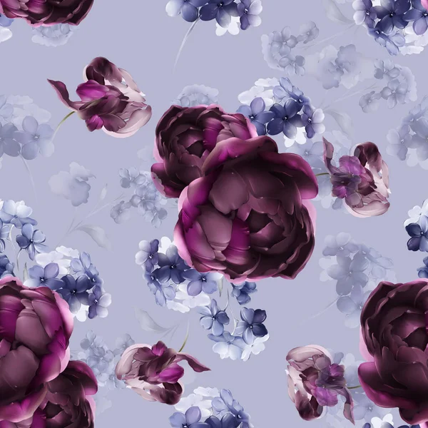 Seamless pattern with blue and purple flowers in a watercolor style