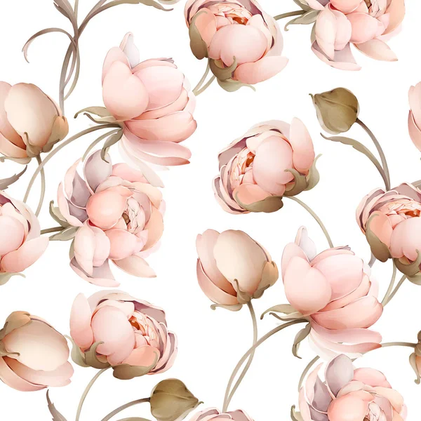 Seamless spring pattern with a bouquet of peonies. Vintage wallpaper with flowers in pastel colors