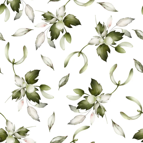 Christmas Seamless Pattern Mistletoe Leaves Watercolor Style — Stock Photo, Image