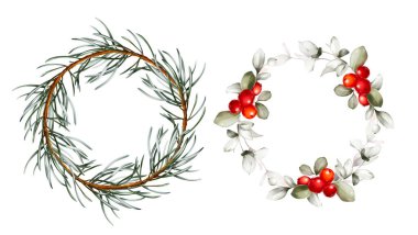 Beyaz arkaplanda suluboya şeklinde Noel çelenkleri.