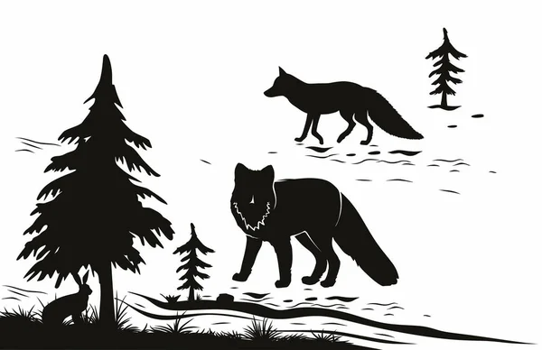 Foxes Silhouettes Lapin Noir Blanc — Image vectorielle
