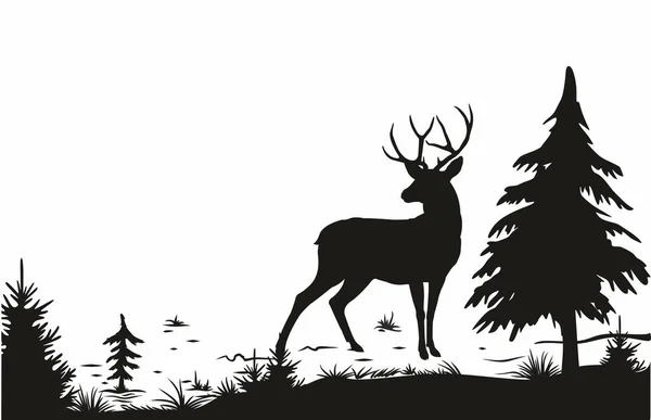 鹿と木のシルエット黒と白 — ストックベクタ