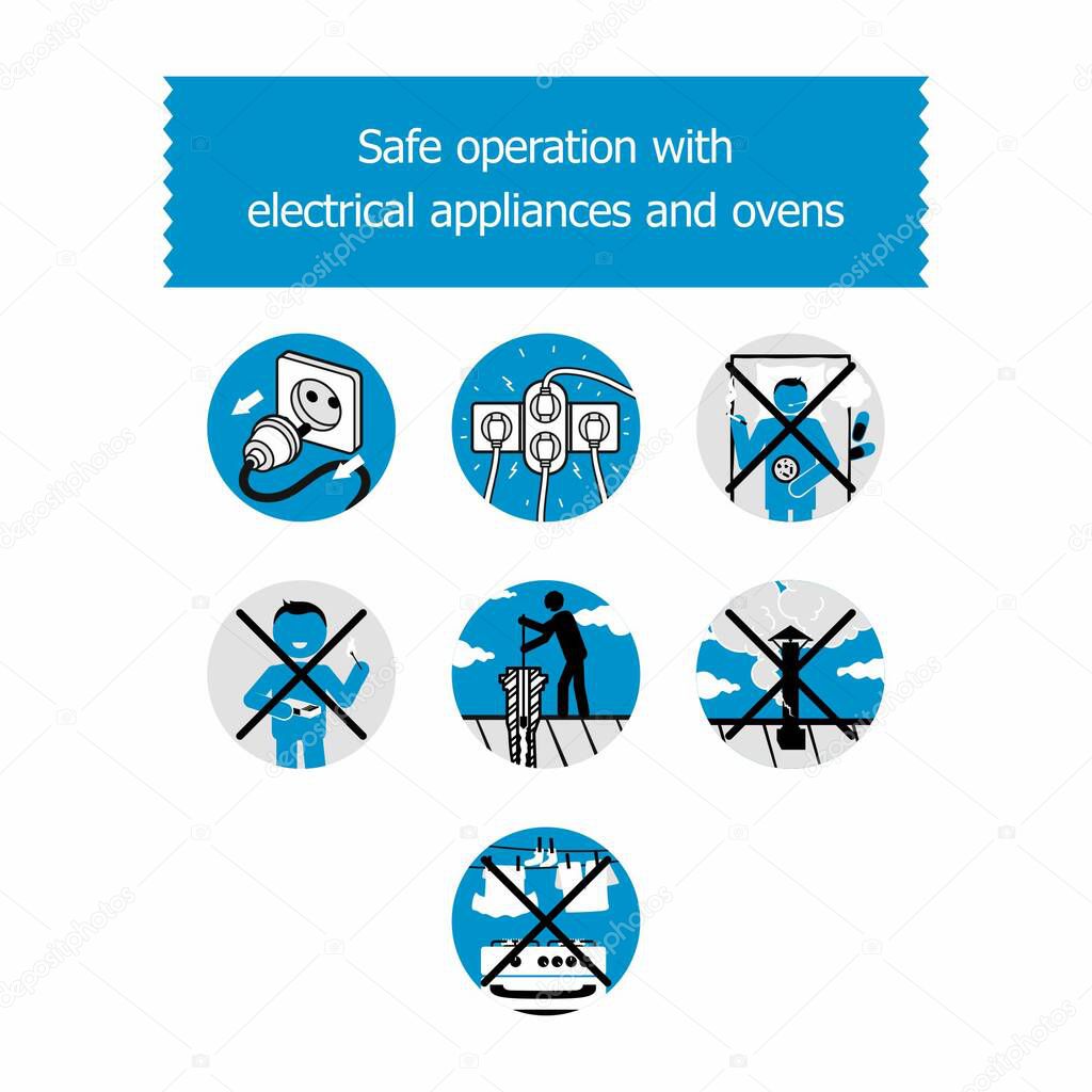 Safe operation with electrical appliances and ovens icons emblems