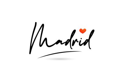 Madrid şehir metni, kırmızı aşk kalp tasarımı. Tipografi el yazısı simgesi tasarımı 