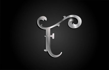 Gümüş metal F alfabesi harf simgesi tasarımı. Gri renkli işletme veya şirket için yaratıcı şablon
