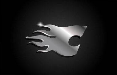 Metal gri alfabe C logo simgesi tasarımı. Metalik stil ve alevlerle iş için yaratıcı şablon