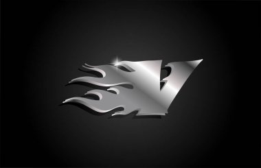 Metal gri alfabe harfi V logo ikonu tasarımı. Metalik stil ve alevlerle iş için yaratıcı şablon