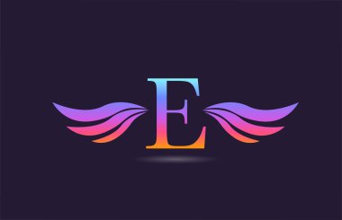 Kanatlı renkli E alfabesi harf simgesi simgesi tasarımı. Pembe sarı renkli şirket ve işletmeler için yaratıcı bir şablon 