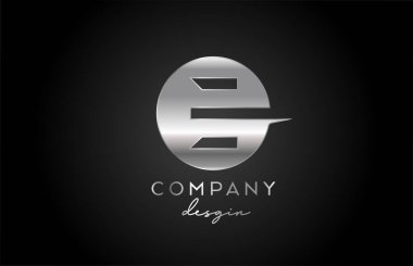 E gümüş gri alfabe harf logosu simgesi ve daire tasarımı. İş için metal yaratıcı şablon