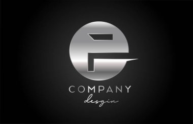 F gümüş gri alfabe harfi logo simgesi ve daire tasarımı. İş için metal yaratıcı şablon