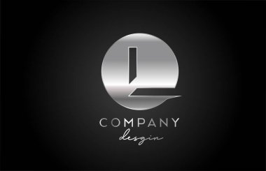 L gümüş gri alfabe harfi logo simgesi ve daire tasarımı. İş için metal yaratıcı şablon