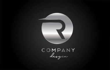 R gümüş gri alfabe harf logosu simgesi ve daire tasarımı. İş için metal yaratıcı şablon