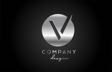 Daire dizaynlı V gümüş gri alfabe harfi simgesi. İş için metal yaratıcı şablon