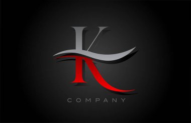 Kırmızı ve gri K alfabesi harf logosu tasarımı. Şirket ve iş için Swoosh ile yaratıcı simge şablonu