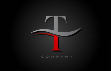 Kırmızı ve gri T alfabesi harf logosu tasarımı. Şirket ve iş için Swoosh ile yaratıcı simge şablonu