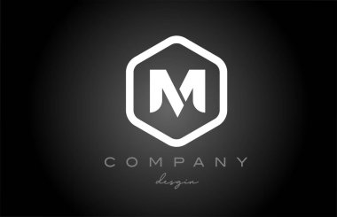 M siyah ve beyaz altıgen alfabe harfi logo ikonu tasarımı. İş ve şirket için yaratıcı şablon