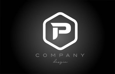 P siyah ve beyaz altıgen alfabe harfi logo ikonu tasarımı. İş ve şirket için yaratıcı şablon