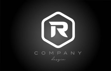 R siyah ve beyaz altıgen alfabe harfi logo ikonu tasarımı. İş ve şirket için yaratıcı şablon