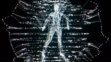 Dijital dansçı dijital görsel animasyon. Başlıklarda, sunumlarda veya VJ kullanımında kullanmak için ideal döngüsüz renksiz geometrik patlayıcı etkisi görüntüsü. 