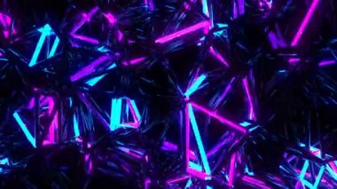 Neon enkazı dijital görsel animasyon. Başlıklarda, sunumlarda veya VJ kullanımında kullanmak için ideal döngüsüz renksiz geometrik patlayıcı etkisi görüntüsü. 