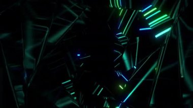 Karanlık neon dijital görsel animasyon. Başlıklarda, sunumlarda veya VJ kullanımında kullanmak için ideal döngüsüz renksiz geometrik patlayıcı etkisi görüntüsü. 