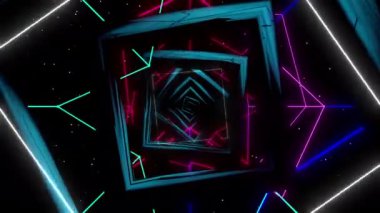 Magic neon digital visual animation. Looped seamless abstract colored geometric explosive effect footage ideal for use in titles, presentations or for VJ use. 