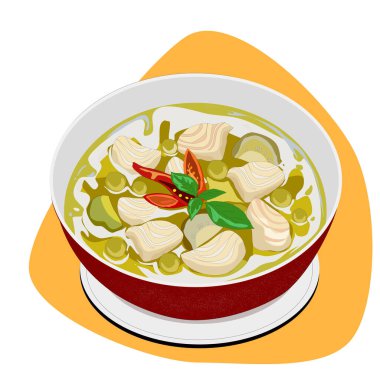 Tayland yemeği yeşil köri. Beyaz arka planda yeşil köri kasesi. El çizimi Tayland yemek vektör çizimi. Otantik animasyon yemekleri. 