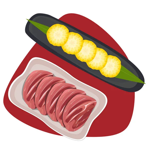 白を基調とした肉スライス皿とコーン皿の隔離されたセット 鍋セット 調理されていない肉 アジアの食品成分ベクトル図 — ストックベクタ