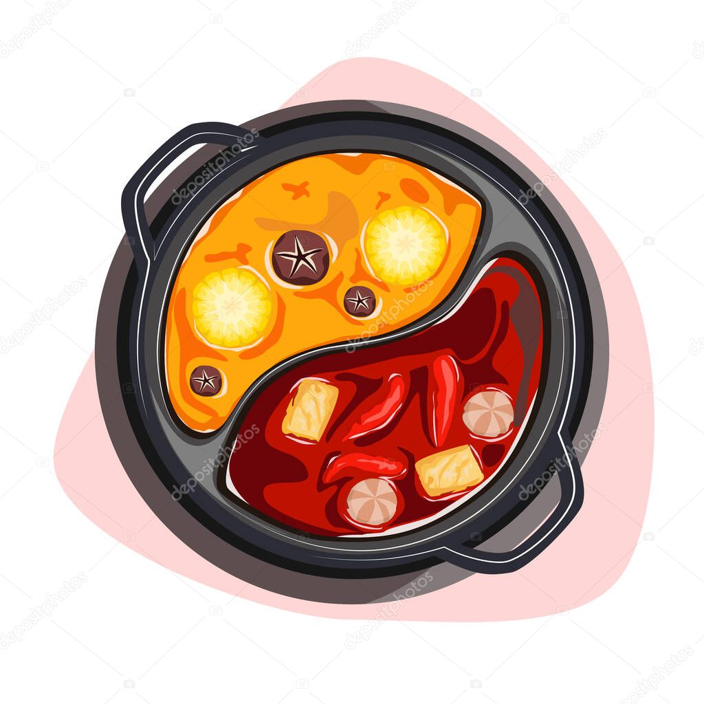 Hot pot. Isolated two flavour hot pot soup on white background. Top view chalu pot vector illustration.