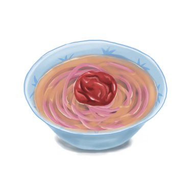 Erişte, erik eriştesi. Pembe erişte ve mavi kasede kırmızı erikli çorba. Beyaz arka planda erikli yalıtılmış pembe erişte. Kapalı el çizimi anime otantik gıda çizimi.  