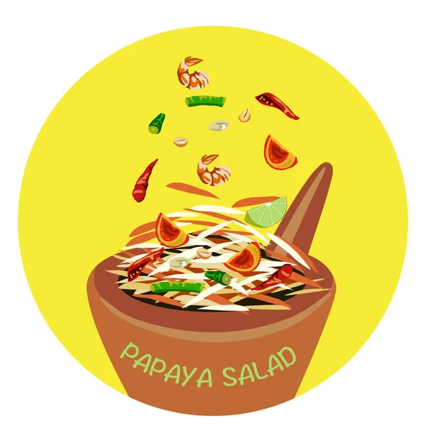 Som Tum Salade Papaye Thaïlandaise Aigre Épicée Avec Mortier Bois — Image vectorielle