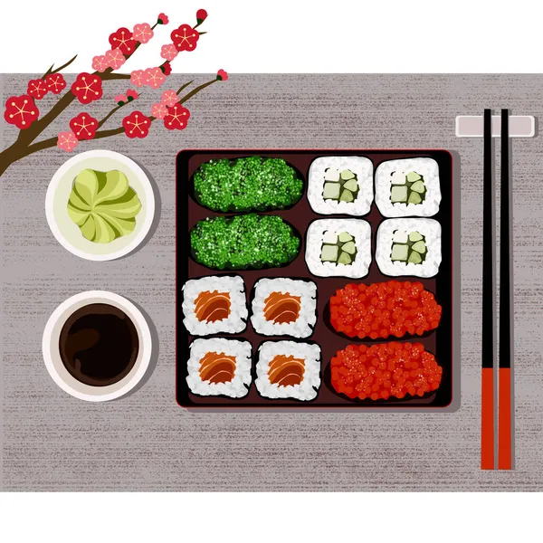 Set Sushi Chopsticks Wasabi Soy Sauce Red Pink Flower Decoration — Stock Vector