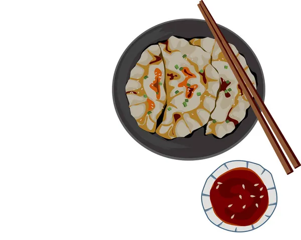 Steamed Dumplings Chilly Sauce Soy Sauce Plate Chopsticks Isolated Dumpling — Stock Vector