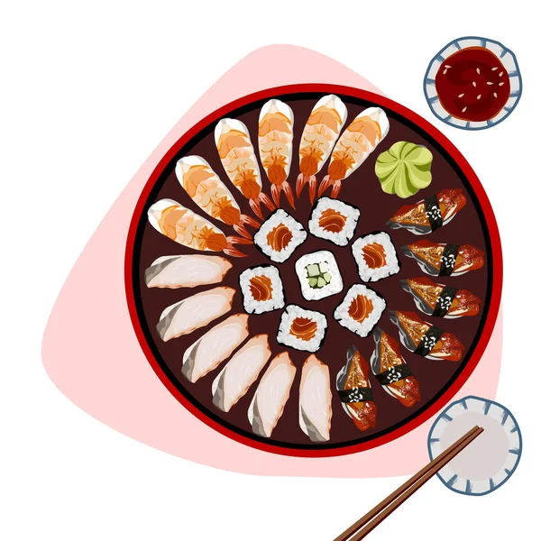 Sushi Establecido Plato Rojo Con Salsa Soja Palillos Sobre Fondo — Vector de stock