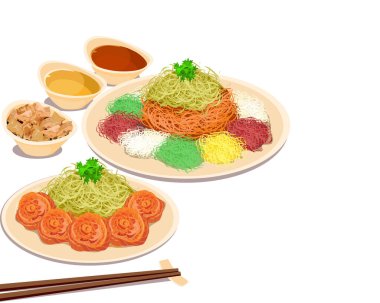 YuSheng, salmon fish raw and vegetables salad and a variety of sauces and condiments with sauce and bread. Chinese food and chopsticks on a table. Isolated close up yee sang or yuu sahng, or Prosperit clipart