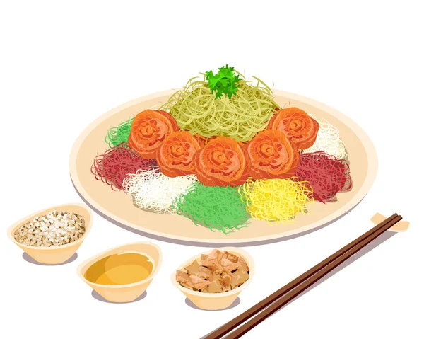 Sheng Salmon Fish Raw Vegetables Salad Variety Sauces Condiments Sauce — Vector de stock
