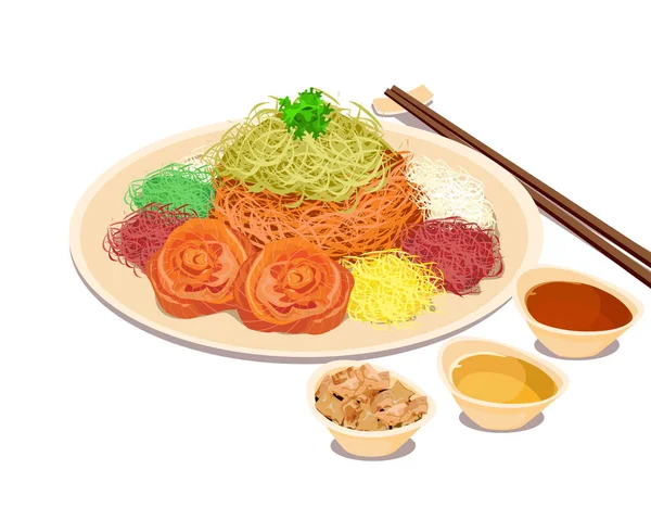 分離を閉じるYusheng 参照してください歌やユウ または繁栄を歌った 鮭の魚の生と野菜のサラダ テーブルの上の中華料理と箸 — ストックベクタ