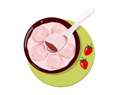 İçinde çilek ve çilekli süt olan Tang Yuan. Pembe glutinous pirinç topları ve yeşil paspasın üzerinde yarım parça kırmızı kâse ile kaşık. Beyaz arkaplan vektörü çizimi üzerine izole edilmiş pembe tang yuan.   