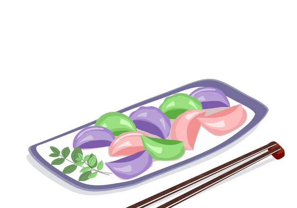Isolated Colorful Songpyeon Rectangle Plate Chopsticks White Background Chuseok Traditional — Stok Vektör