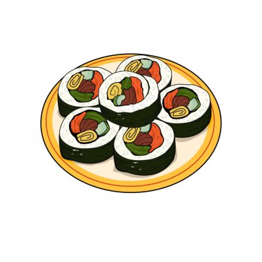 Kimbap veya gimbap, yosun tarafından sarılmış kimbap-pirinç, sebze, kimchi ve et. Dilimlenmiş kimbap. Beyaz arkaplanda Kore sokak yiyecekleri illüstrasyonu. 