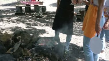 Happy Group 'un arkadaşları doğada barbekü partisi veriyor genç kadınlar ve erkekler kırsalda barbekü yapıyor insanlar doğada piknikten zevk alıyor. 