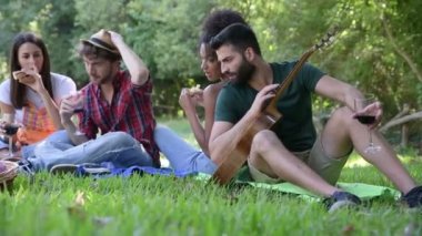 Kırsalda piknik - bir grup genç arkadaş, bahar günü gün batımında ağaçların yakınındaki bir parkta oturuyorlar. Kırmızı şarap içip ızgara et yiyorlar.