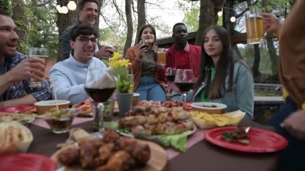 Multiracial People Toasting Red Wine Beer Cocktail Home Terrace Rooftop — Stock Video