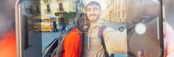 Mixed Race Young Couple Taking Selfie Smartphone Happy Multiethnic Couple — Zdjęcie stockowe