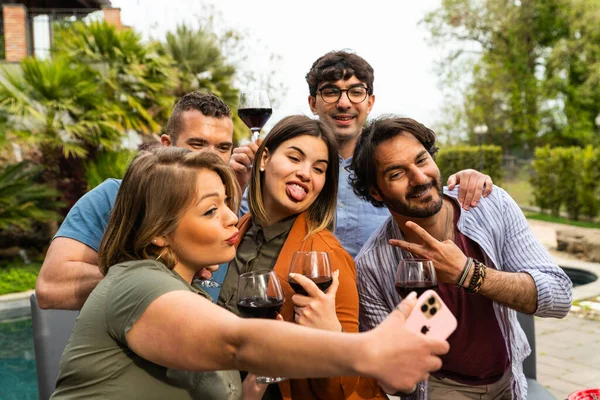 Happy Group Friends Taking Selfie While Toasting Red Wine Group —  Fotos de Stock