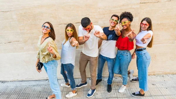 Happy Young People Holding Fake Eyeglasses Having Fun Group Friends — Zdjęcie stockowe