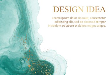 Modern suluboya arkaplan ya da zarif kart tasarımı ya da duvar kağıdı ya da soyut deniz mavisi mürekkebi dalgaları ve beyaz üzerinde altın rengi lekeler olan poster.