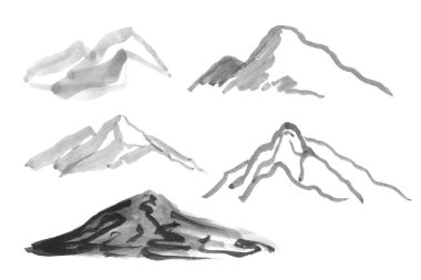 Beyaz arka planda izole edilmiş gri boyalı dağlar..