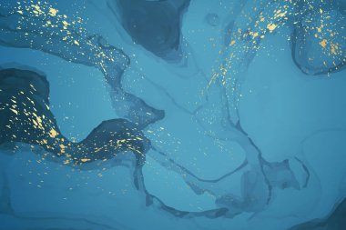 Modern suluboya arkaplan ya da zarif kart tasarımı ya da soyut lacivert mürekkep dalgaları ve altın lekeli duvar kağıdı ya da poster.